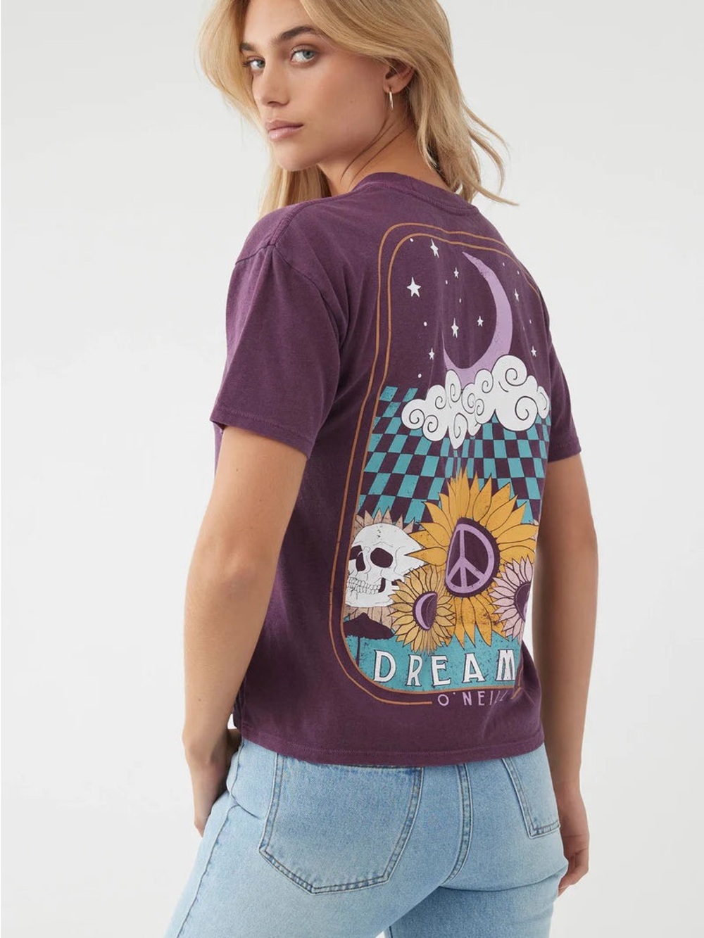 O'Neill Purple Graphic Dreamer Tee with Sunflower Peace Back M NWOT